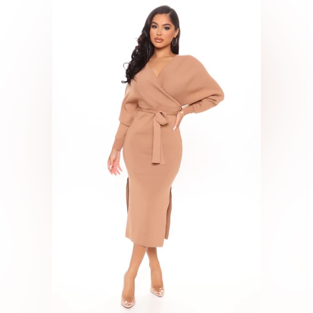 NWOT Fashion Nova Wrapped All Around Me knit Sweater Taupe Long Sleeve Dress L